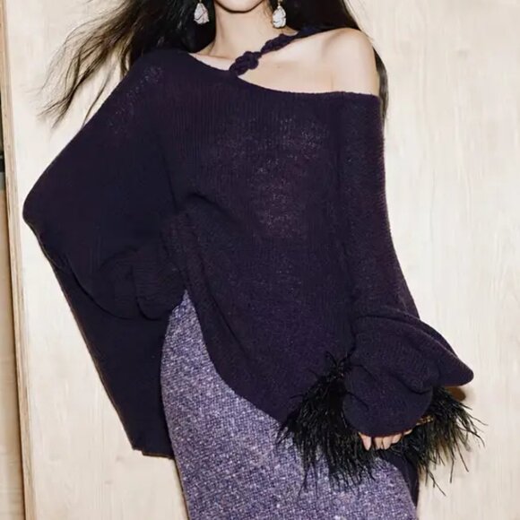 Midnight Plum Purple Oversized Hand-Knit Sweater Pullover - Picture 5 of 8